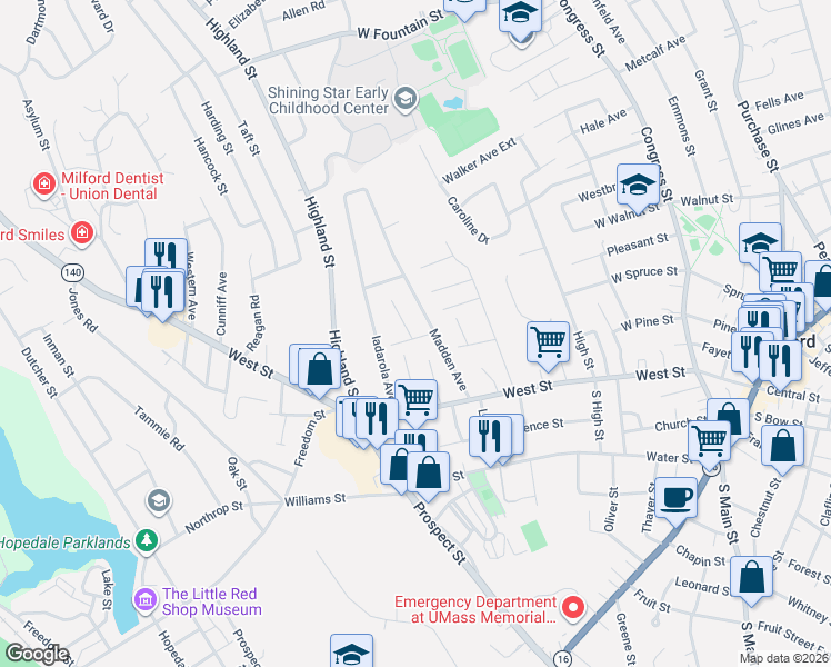 map of restaurants, bars, coffee shops, grocery stores, and more near 32 Madden Avenue in Milford
