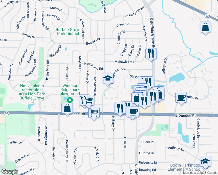 map of restaurants, bars, coffee shops, grocery stores, and more near 655 Golfview Terrace in Buffalo Grove