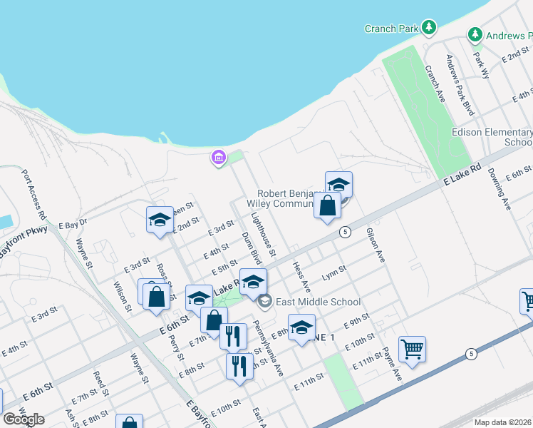 map of restaurants, bars, coffee shops, grocery stores, and more near 216 Hess Avenue in Erie