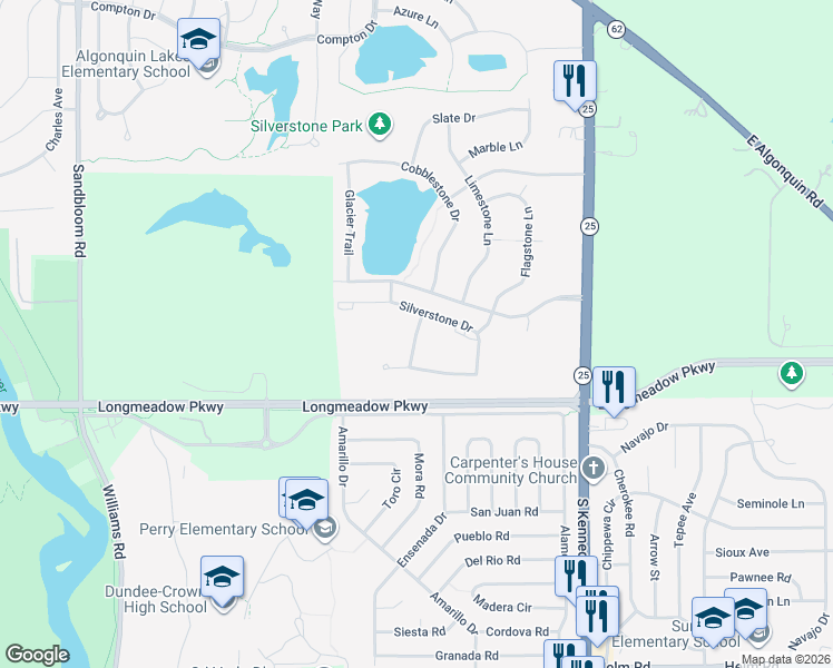 map of restaurants, bars, coffee shops, grocery stores, and more near 1331 Silverstone Drive in Carpentersville