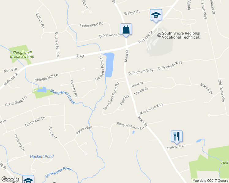 map of restaurants, bars, coffee shops, grocery stores, and more near 80 Setterland Farm Road in Hanover