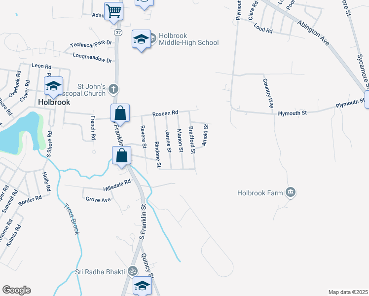 map of restaurants, bars, coffee shops, grocery stores, and more near 31 Bradford Street in Holbrook