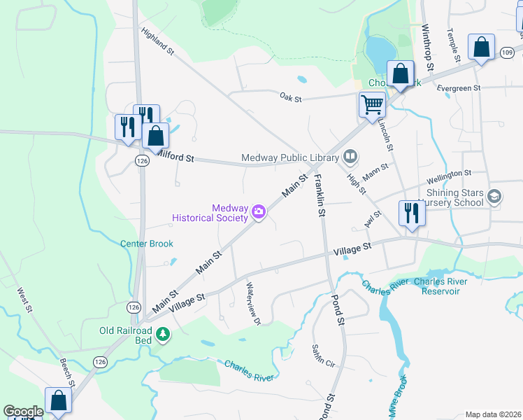 map of restaurants, bars, coffee shops, grocery stores, and more near 218 Main Street in Medway