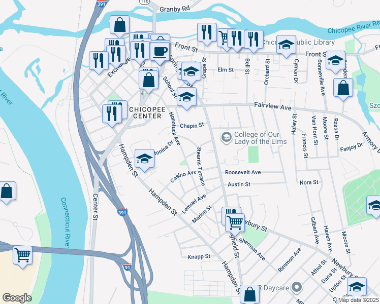 map of restaurants, bars, coffee shops, grocery stores, and more near 20 Captain Mac Street in Chicopee