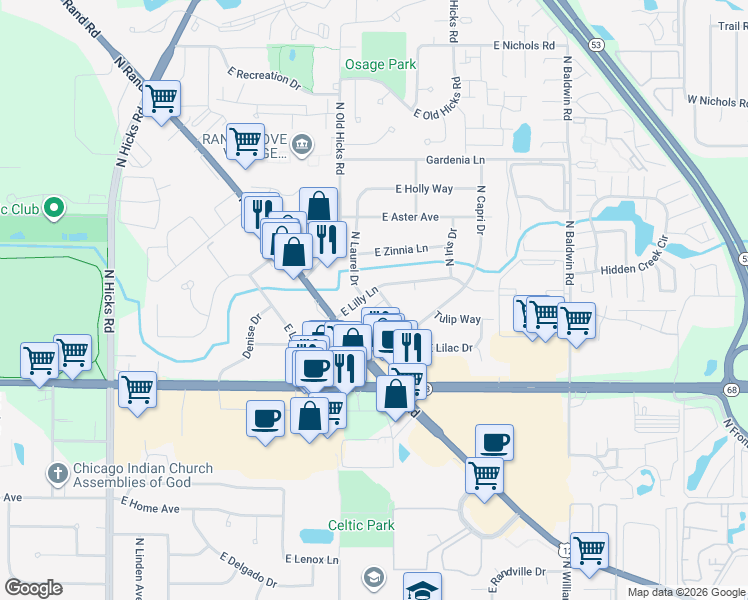 map of restaurants, bars, coffee shops, grocery stores, and more near 842 East Lilly Lane in Palatine