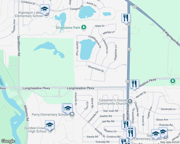 map of restaurants, bars, coffee shops, grocery stores, and more near 1003 Silverstone Drive in Carpentersville