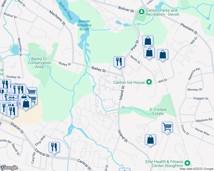 map of restaurants, bars, coffee shops, grocery stores, and more near 57 Meadowood Drive in Stoughton