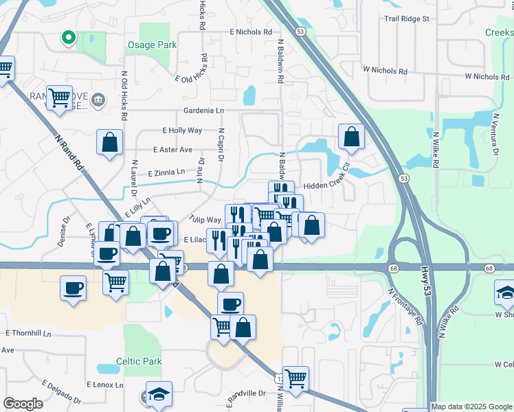 map of restaurants, bars, coffee shops, grocery stores, and more near 1A East Dundee Quarter Drive in Palatine