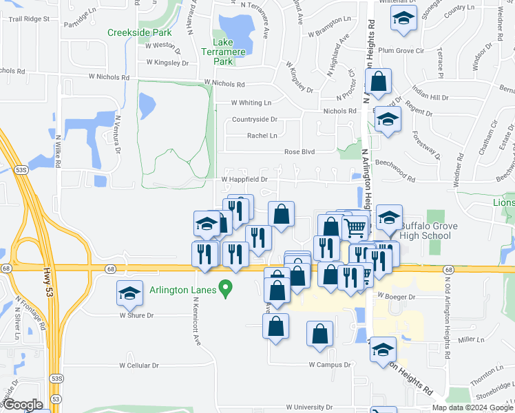 map of restaurants, bars, coffee shops, grocery stores, and more near 787 West Happfield Drive in Arlington Heights