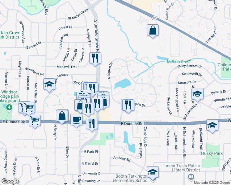 map of restaurants, bars, coffee shops, grocery stores, and more near 1602 Hadley Court in Wheeling