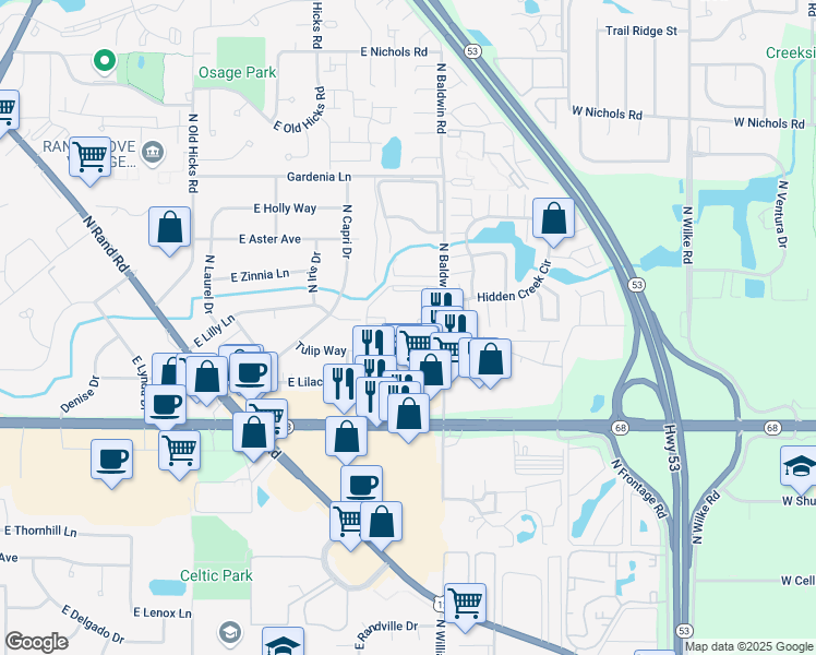map of restaurants, bars, coffee shops, grocery stores, and more near 15B East Dundee Quarter Drive in Palatine