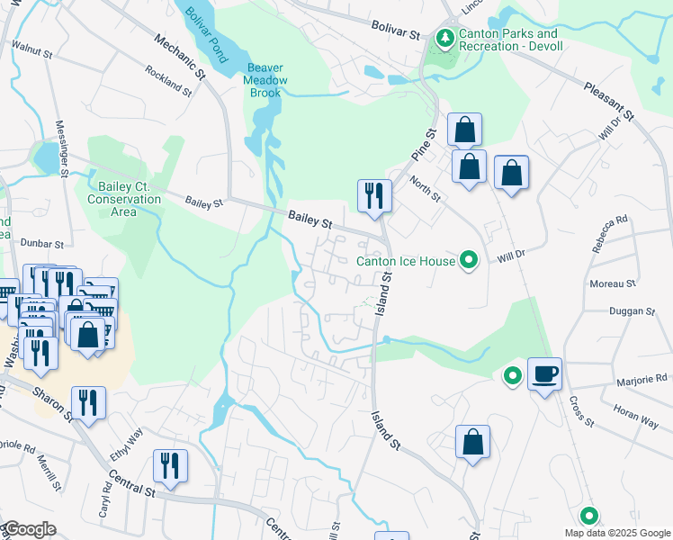 map of restaurants, bars, coffee shops, grocery stores, and more near 57 Meadowood Drive in Stoughton