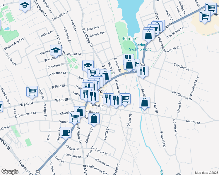 map of restaurants, bars, coffee shops, grocery stores, and more near 28 Court Street in Milford