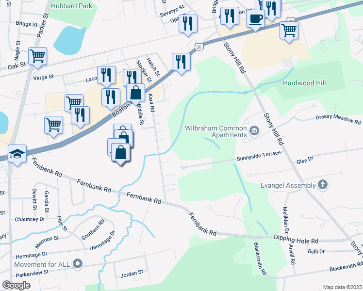 map of restaurants, bars, coffee shops, grocery stores, and more near 123-125 Kent Road in Springfield
