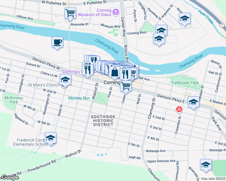 map of restaurants, bars, coffee shops, grocery stores, and more near in Corning