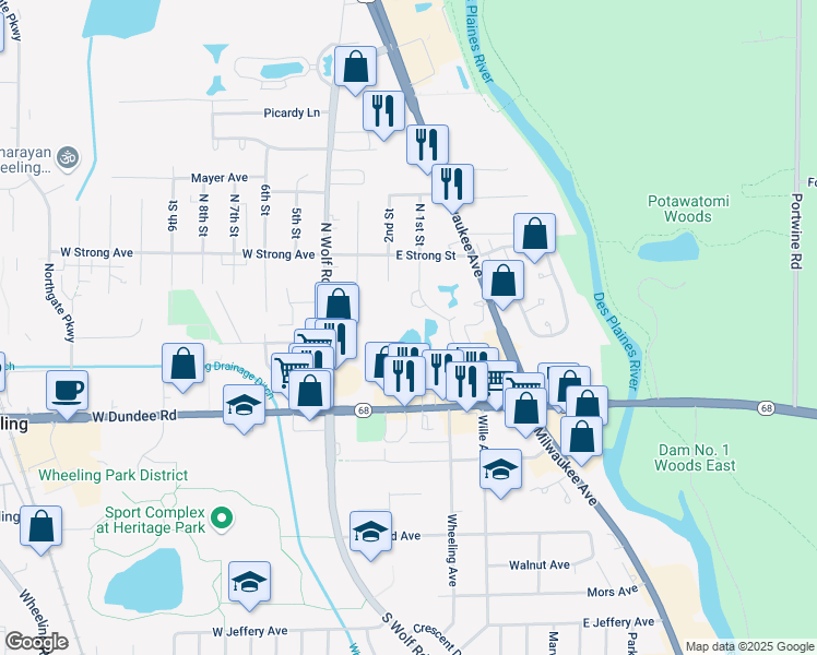 map of restaurants, bars, coffee shops, grocery stores, and more near 236 1st St in Wheeling