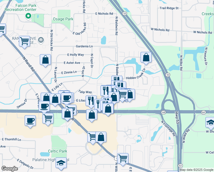 map of restaurants, bars, coffee shops, grocery stores, and more near 1A East Dundee Quarter Drive in Palatine