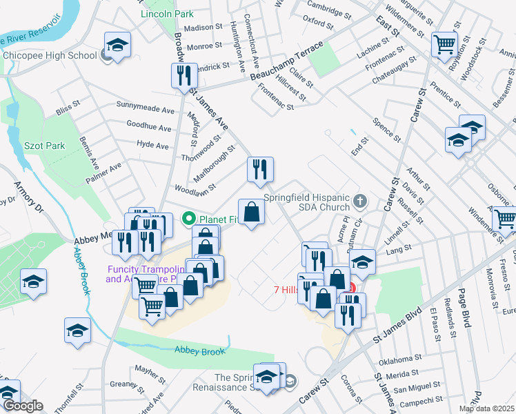 map of restaurants, bars, coffee shops, grocery stores, and more near 1278 Saint James Avenue in Springfield