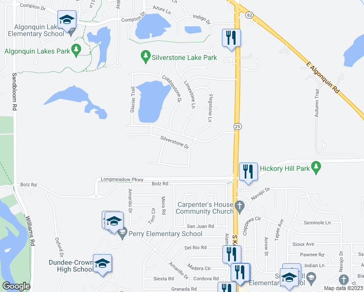 map of restaurants, bars, coffee shops, grocery stores, and more near 108 Silverstone Drive in Carpentersville