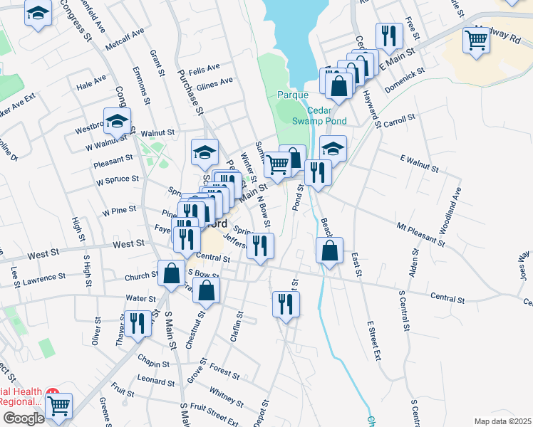 map of restaurants, bars, coffee shops, grocery stores, and more near 8 Goodrich Street in Milford