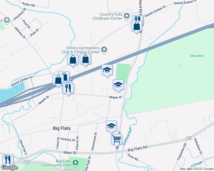 map of restaurants, bars, coffee shops, grocery stores, and more near 543 Maple Street in Big Flats