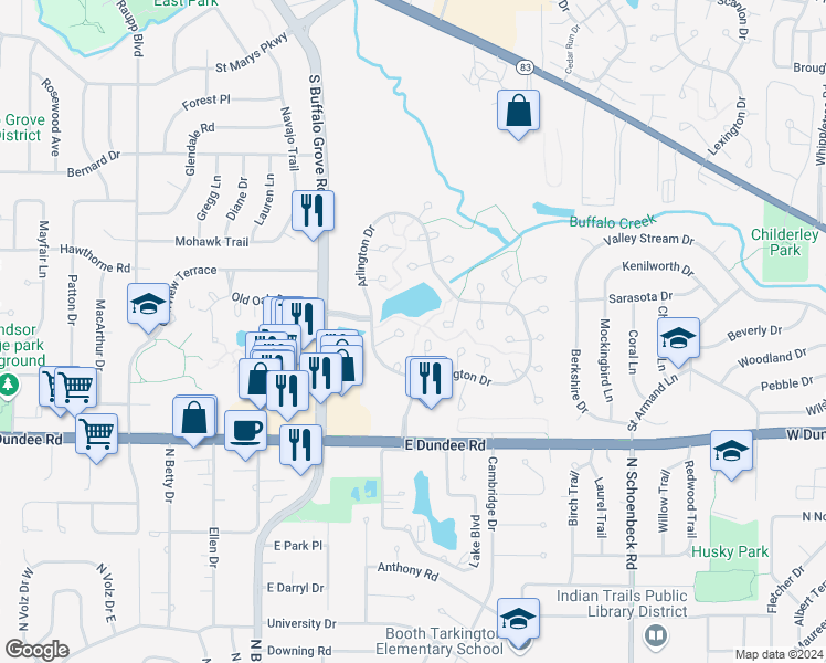 map of restaurants, bars, coffee shops, grocery stores, and more near 1614 Hadley Court in Wheeling