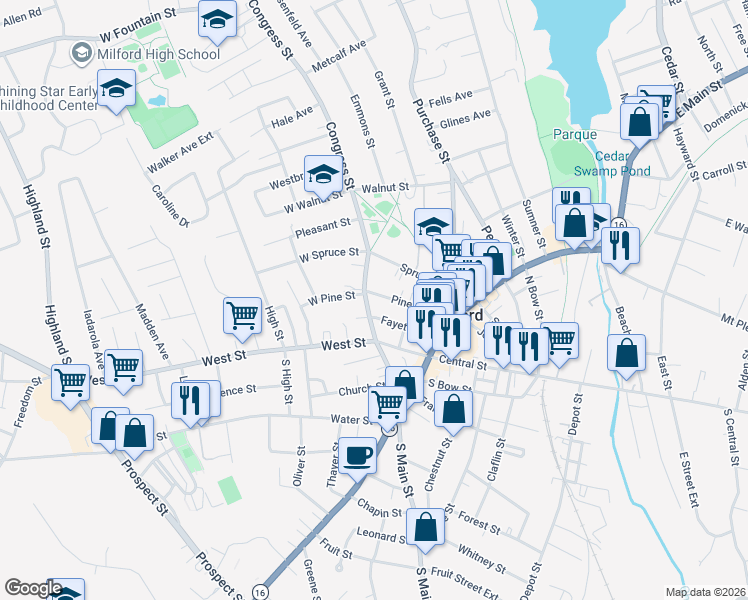 map of restaurants, bars, coffee shops, grocery stores, and more near 74 Pine Street in Milford