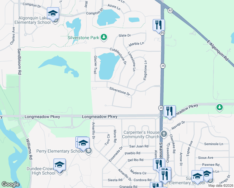 map of restaurants, bars, coffee shops, grocery stores, and more near 1613 Silverstone Drive in Carpentersville