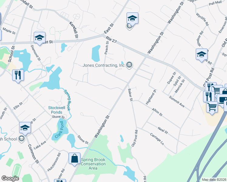 map of restaurants, bars, coffee shops, grocery stores, and more near 2 Rainbow Pond Drive in Walpole