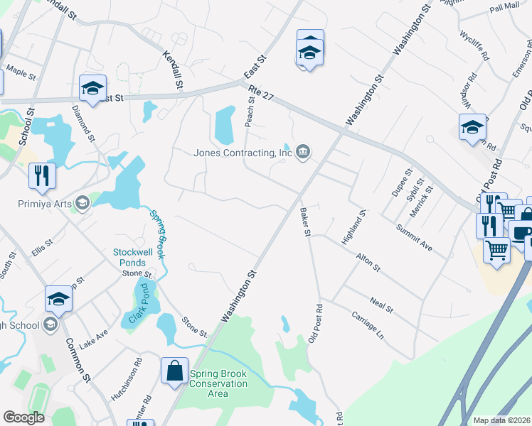 map of restaurants, bars, coffee shops, grocery stores, and more near 5 Rainbow Pond Drive in Walpole