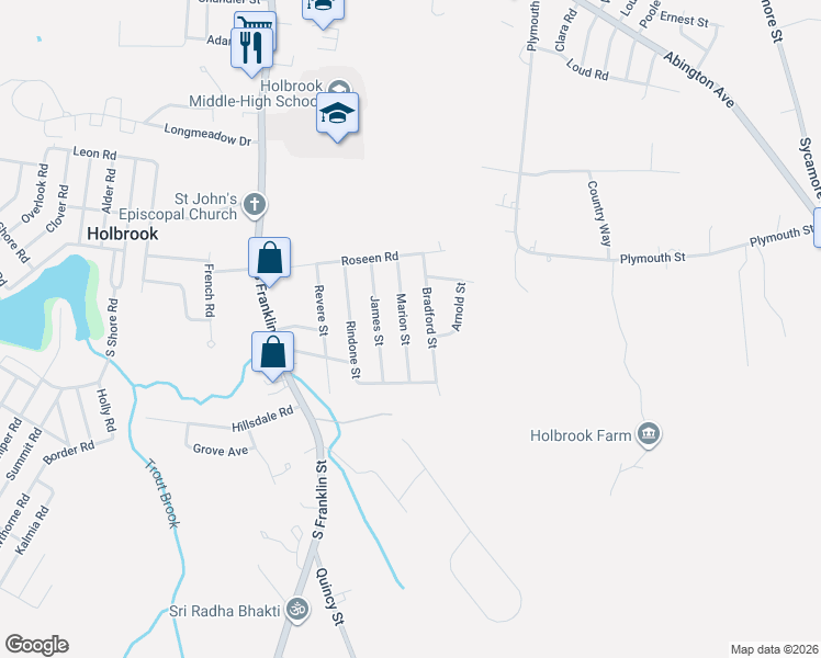map of restaurants, bars, coffee shops, grocery stores, and more near 31 Bradford Street in Holbrook