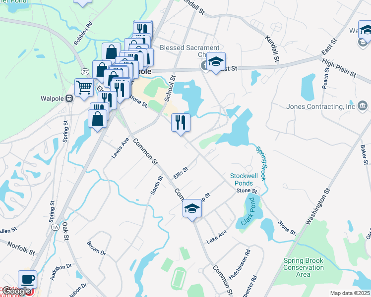 map of restaurants, bars, coffee shops, grocery stores, and more near 137 Stone Street in Walpole