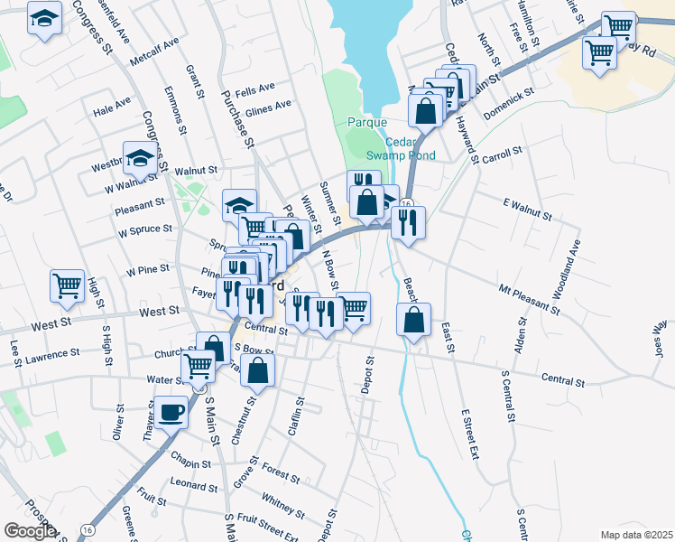 map of restaurants, bars, coffee shops, grocery stores, and more near 8 Goodrich Street in Milford