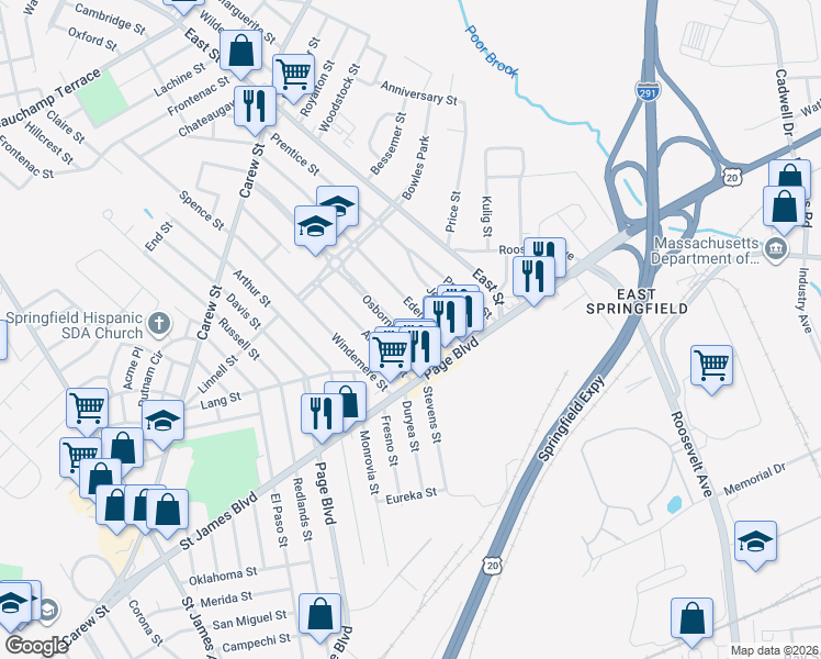 map of restaurants, bars, coffee shops, grocery stores, and more near 69 Osborne Terrace in Springfield