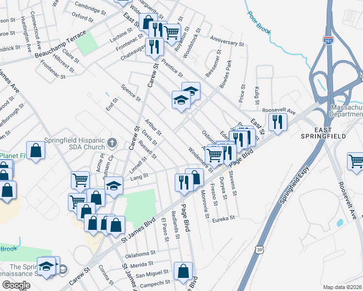 map of restaurants, bars, coffee shops, grocery stores, and more near 119 Windemere Street in Springfield