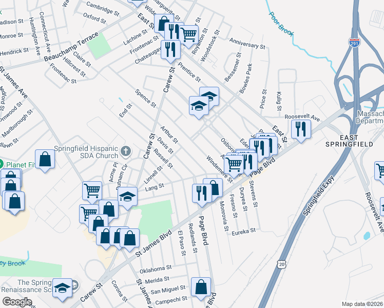 map of restaurants, bars, coffee shops, grocery stores, and more near 119 Windemere Street in Springfield