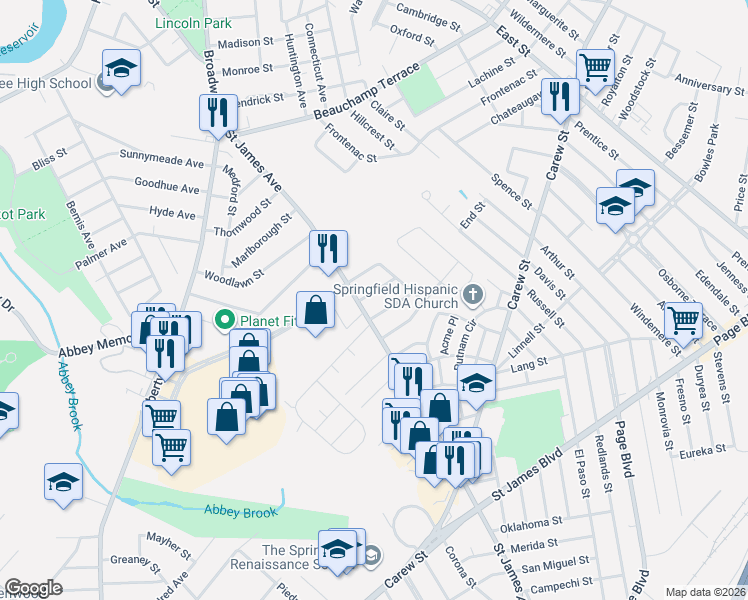 map of restaurants, bars, coffee shops, grocery stores, and more near 22 Barton Street in Springfield