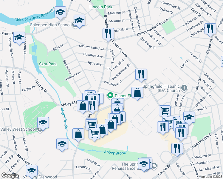map of restaurants, bars, coffee shops, grocery stores, and more near 111 Woodlawn Street in Chicopee