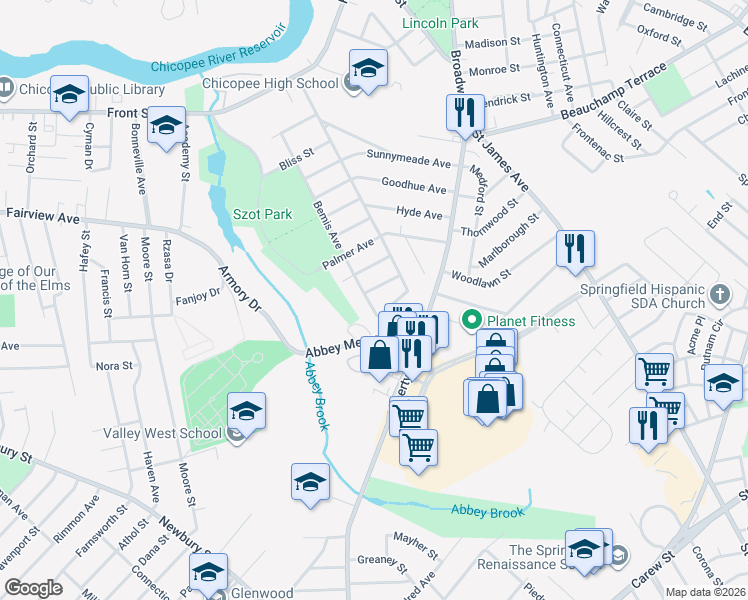 map of restaurants, bars, coffee shops, grocery stores, and more near 30 Dalton Avenue in Chicopee