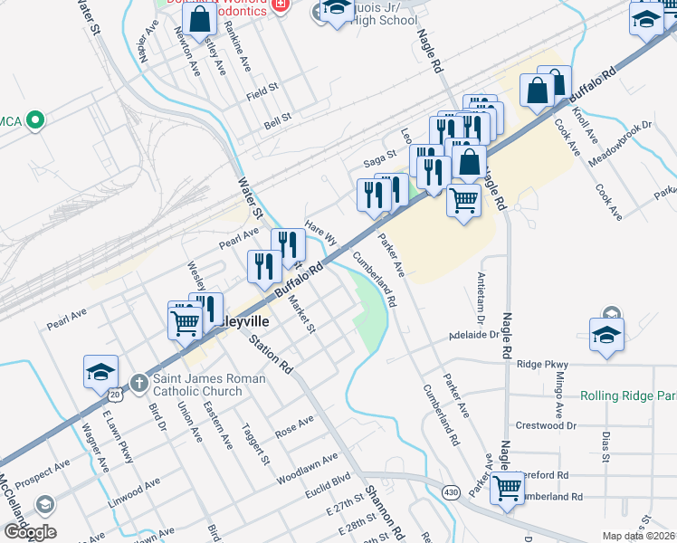 map of restaurants, bars, coffee shops, grocery stores, and more near 3701-3749 Buffalo Road in Erie