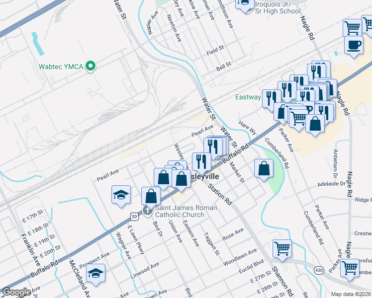 map of restaurants, bars, coffee shops, grocery stores, and more near 3303 Pearl Avenue in Erie