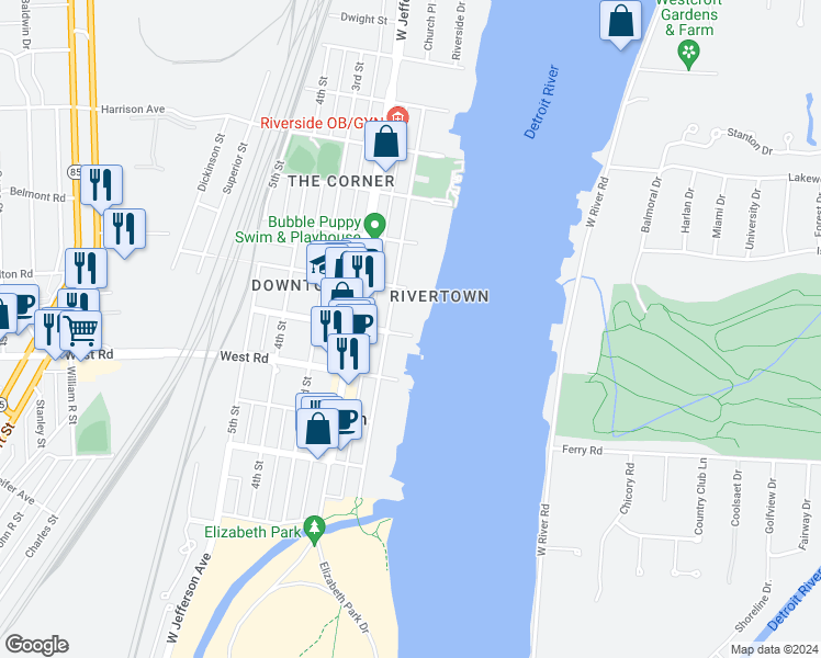 map of restaurants, bars, coffee shops, grocery stores, and more near 2645 Riverside Drive in Trenton