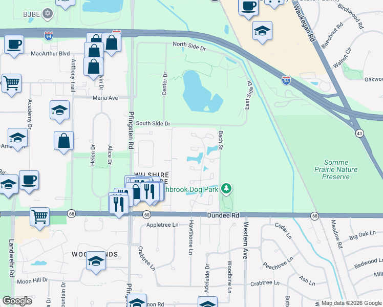 map of restaurants, bars, coffee shops, grocery stores, and more near 2570 Stowe Court in Northbrook