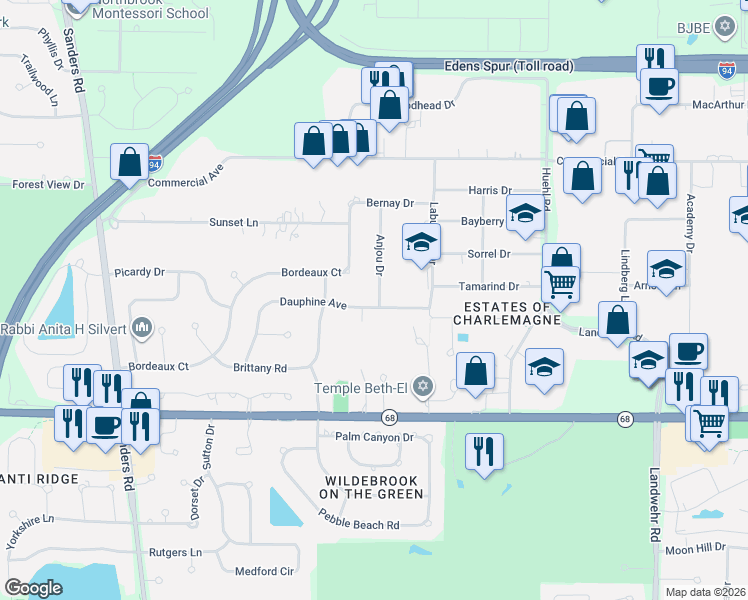 map of restaurants, bars, coffee shops, grocery stores, and more near 449 Anjou Drive in Northbrook