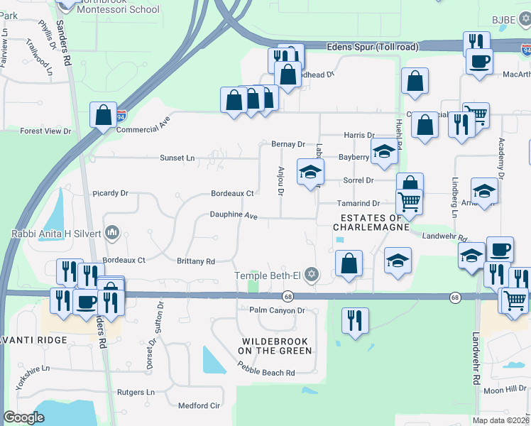 map of restaurants, bars, coffee shops, grocery stores, and more near 3725 Bordeaux Drive in Northbrook