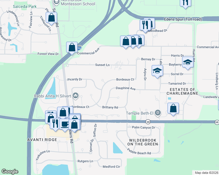 map of restaurants, bars, coffee shops, grocery stores, and more near 3901 Bordeaux Drive in Northbrook
