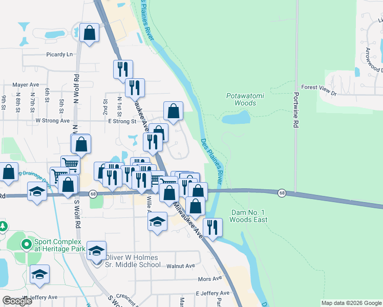 map of restaurants, bars, coffee shops, grocery stores, and more near 207 Shadow Bend Drive in Wheeling