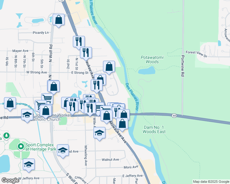 map of restaurants, bars, coffee shops, grocery stores, and more near 311 Partridge Lane in Wheeling