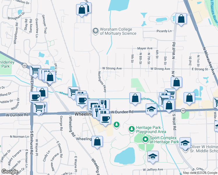 map of restaurants, bars, coffee shops, grocery stores, and more near 275 12th Street in Wheeling