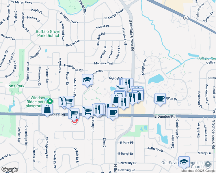 map of restaurants, bars, coffee shops, grocery stores, and more near 135 Old Oak Court East in Buffalo Grove
